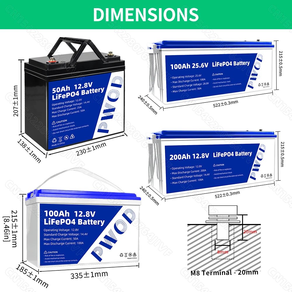 12V 24V 48V Battery 100Ah 200Ah 50Ah Lithium Iron Phosphate Built-in BMS For EV, Golf Cart
