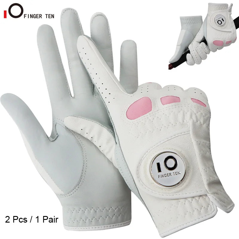 2 Pack or 1 Pair Cabretta Leather Womens Golf Gloves with Ball Marker Left/ Right Hand Sizes S M L XL