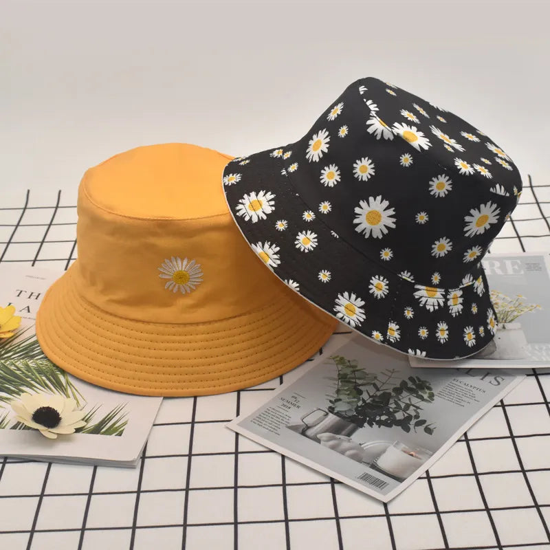 Daisy Double-Sided, Bucket Hats, Women's Embroidery Folded Golf Sun Hat.