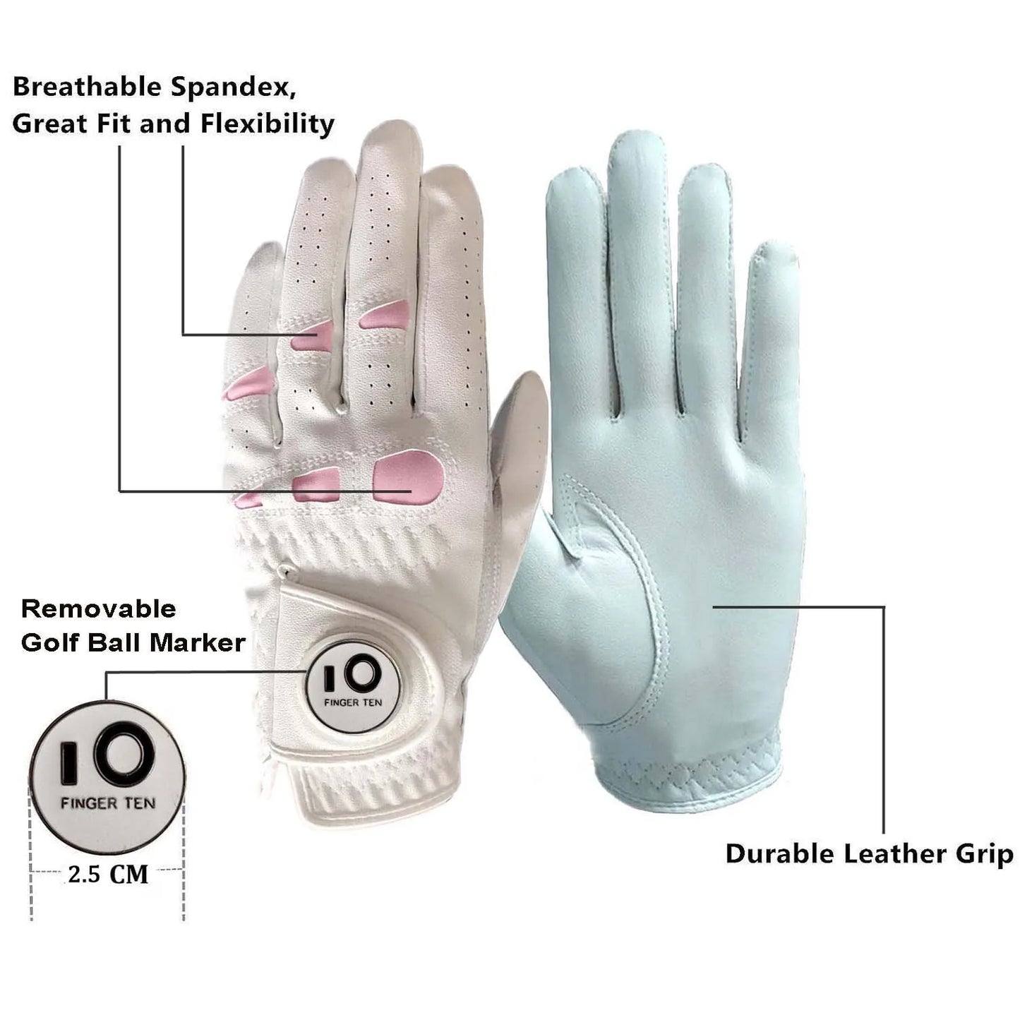 2 Pack or 1 Pair Cabretta Leather Womens Golf Gloves with Ball Marker Left/ Right Hand Sizes S M L XL