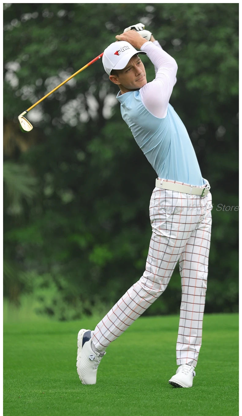 Mens Waterproof Golf Pants Male Golf Pants Outdoor Casual Plaid Trousers Breathable Sports Pants