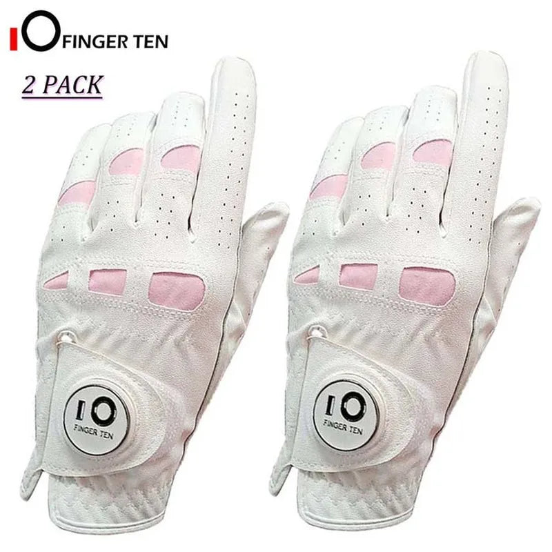 2 Pack or 1 Pair Cabretta Leather Womens Golf Gloves with Ball Marker Left Right Hand Extra Grip Ladies Sizes S M L XL