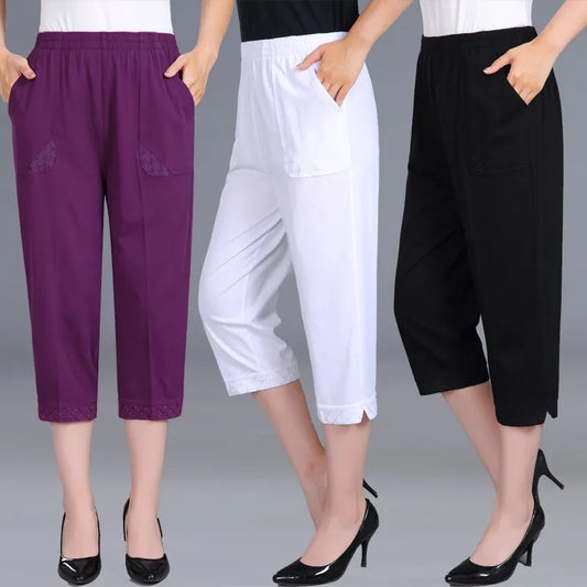 Women's Capris Pants Women Plus Size 4XL Loose Casual Elastic Waist Middle Pants Woman Pure Cotton Clothing