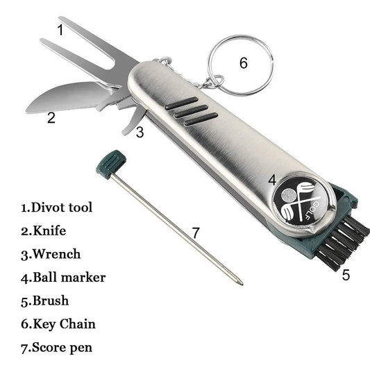 Multi-function Golf Tool, Magnetic Ball Mark, Brush, Score Pen, Golf Divot Repair Tool, Knife And Wrench.