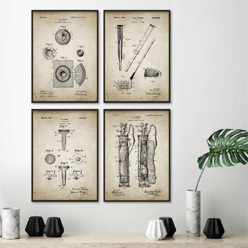 Vintage Golf Patent Print and Posters, Golf Blueprint Man Cave Wall Art Canvas Painting Wall Pictures