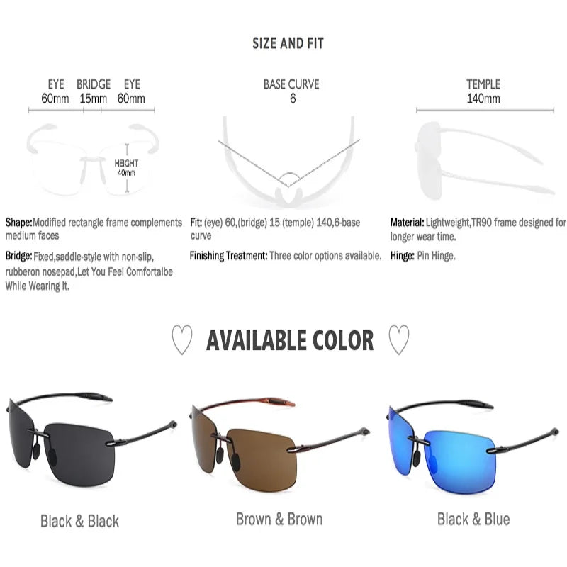 Classic Sports Rimless Sunglasses Mens Driving Rectangle Ultralight Frame Sun Glasses