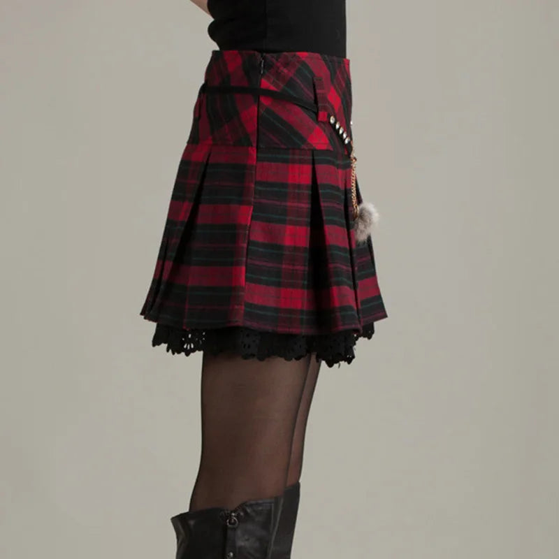 Women Plaid Short Skirt Pleated Checkered Pattern A-Line Two-Layered R ...