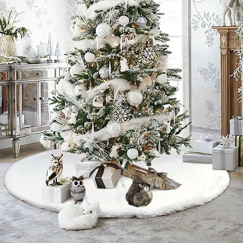 78/90/122cm Christmas Tree Skirt Faux Fur Carpet Snowflake White Plush Xmas Tree