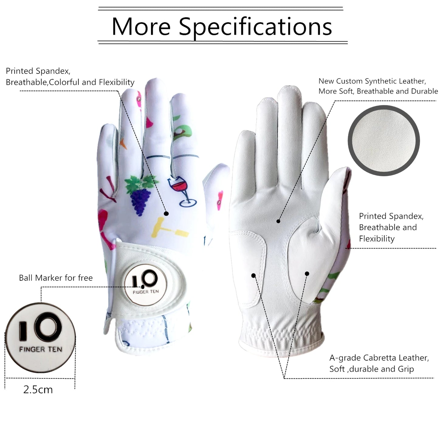 All Weather Golf Gloves Women Left Hand Leather with Ball Marker Half Finger