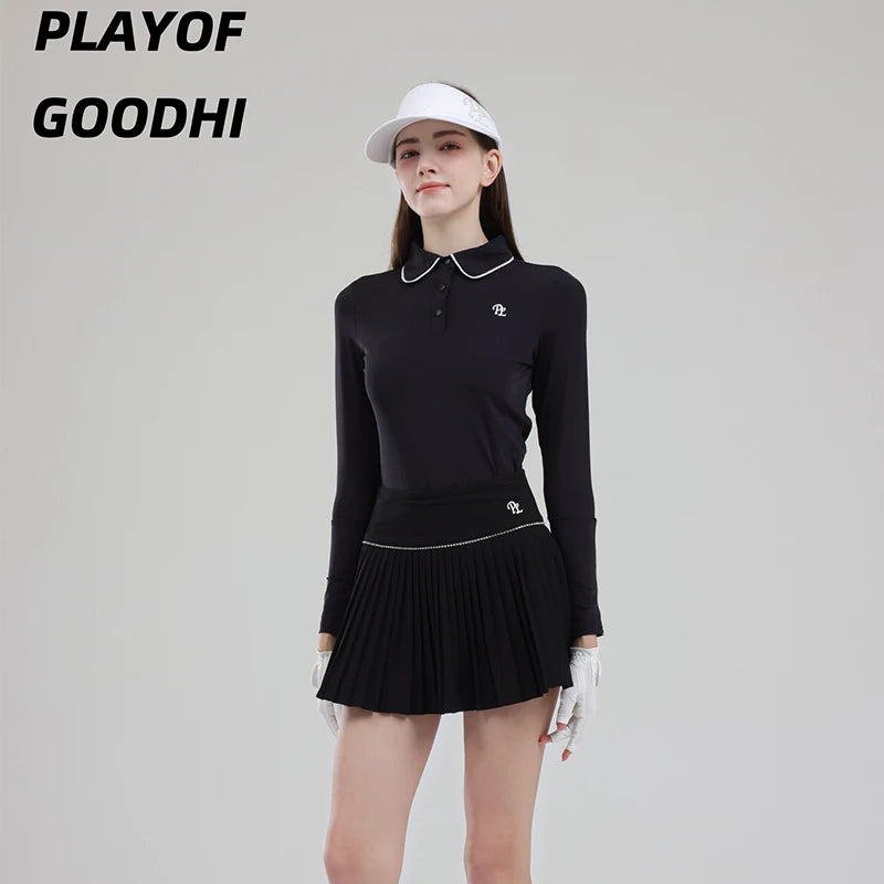 Golf Clothing Long Sleeved Golf T-shirt Women Polo Collar Golf Tops High-Waisted Pleated Skirt / Skorts with Inner Short
