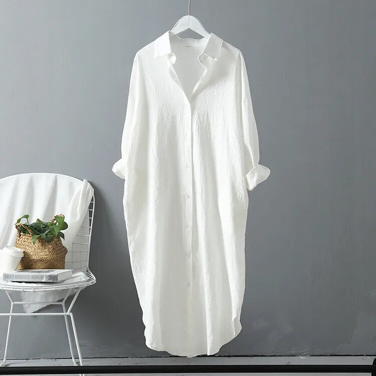 Casual Women's Blouse Dress Vintage Linen/Cotton Mid-Length Shirt Dress