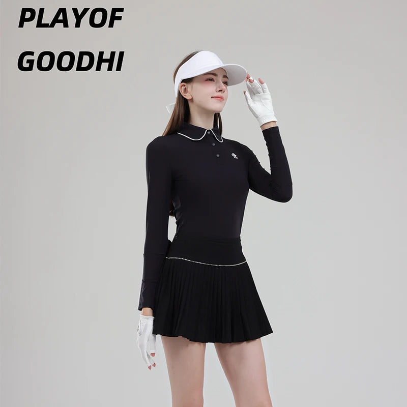Golf Clothing Long Sleeved Golf T-shirt Women Polo Collar Golf Tops High-Waisted Pleated Skirt / Skorts with Inner Short