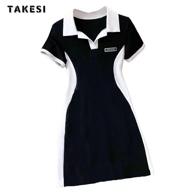 Short-Sleeve, Turn-Down Collar, Patchwork Golf Dress, Women's Causal High Waist Dress