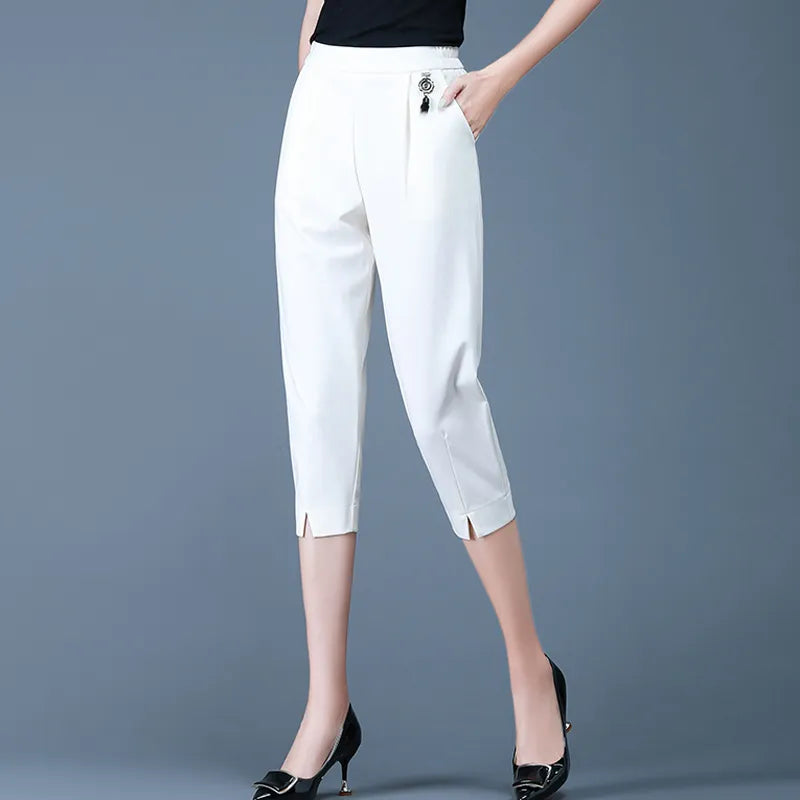 Quality White Cropped Pants With Elastic Waist for Women's Loose Fitting Oversized 5XL Fit Versatile