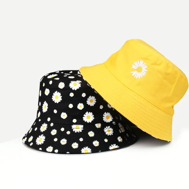 Daisy Double-Sided, Bucket Hats, Women's Embroidery Folded Golf Sun Hat.