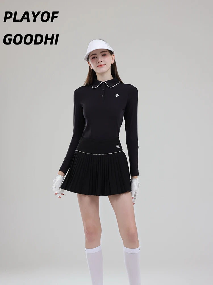 Golf Clothing Long Sleeved Golf T-shirt Women Polo Collar Golf Tops High-Waisted Pleated Skirt / Skorts with Inner Short