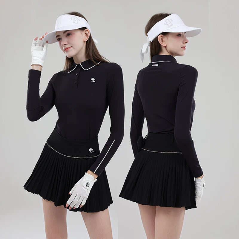 Golf Clothing Long Sleeved Golf T-shirt Women Polo Collar Golf Tops High-Waisted Pleated Skirt / Skorts with Inner Short