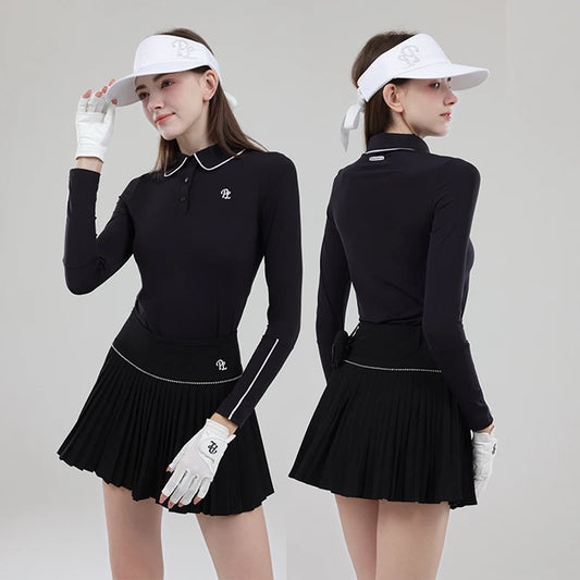 Golf Clothing Long Sleeved Golf T-shirt Women Polo Collar Golf Tops High-Waisted Pleated Skirt / Skorts with Inner Short