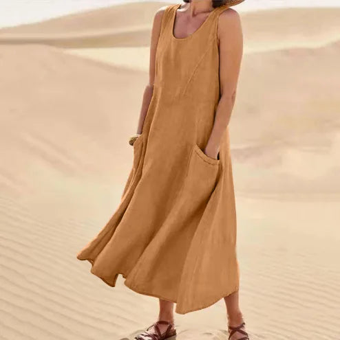 Cotton Linen Long Dresses for Women Summer Solid Color Sleeveless Boho Maxi Dress Pocket Loose Tank Dress Plus Size 5XL