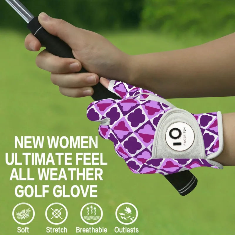 All Weather Golf Gloves Women Left Hand Leather with Ball Marker Half Finger