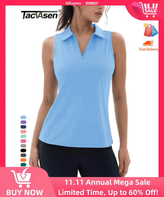 UPF50+ Quick Dry Polo Shirts Womens Summer Golf Sleeveless Tops Sun UV Protection Outdoor Fitness