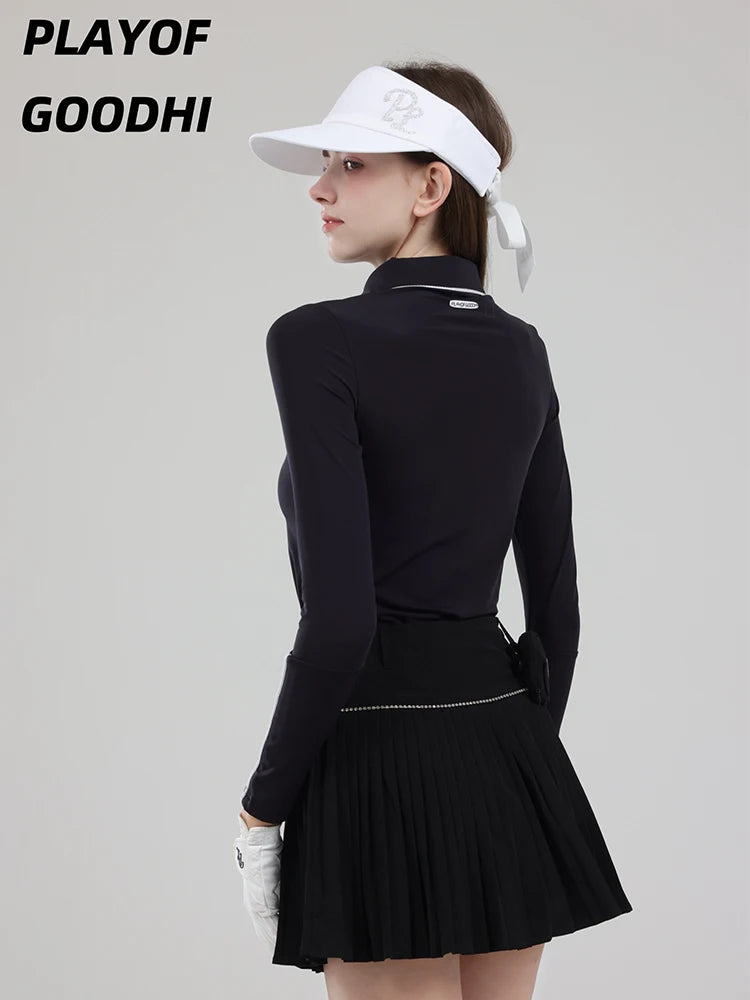 Golf Clothing Long Sleeved Golf T-shirt Women Polo Collar Golf Tops High-Waisted Pleated Skirt / Skorts with Inner Short