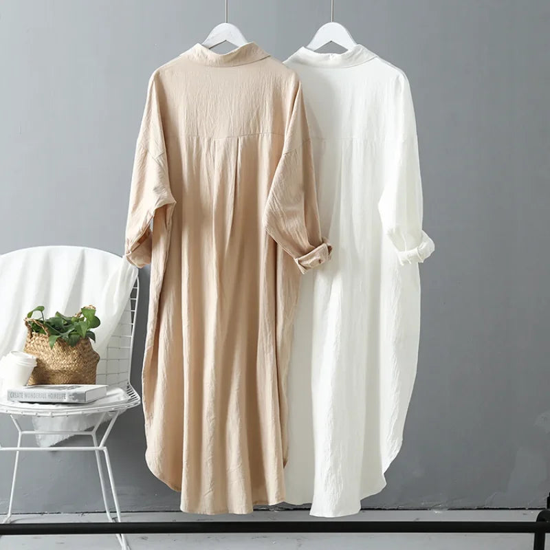 Spring Casual Women's Blouses Vintage Linen Cotton Mid-Length Shirt Dress