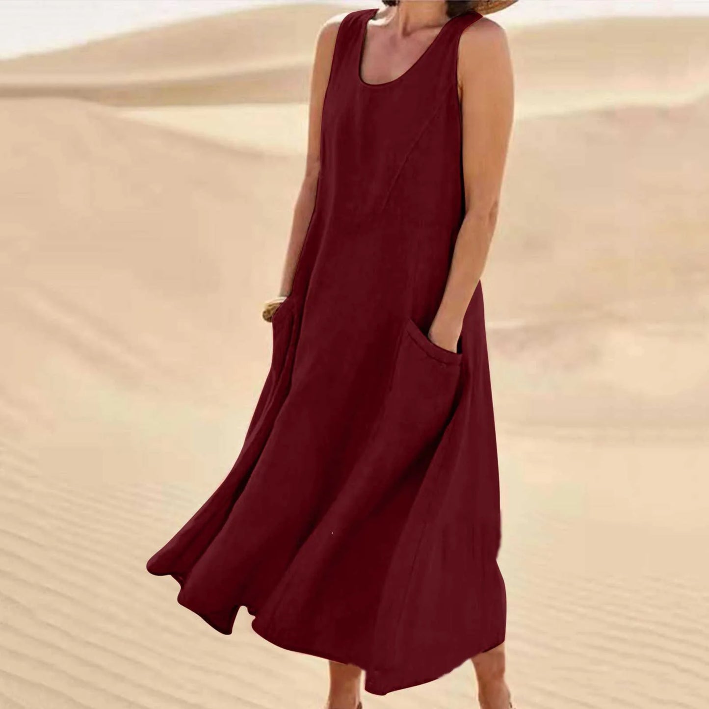Cotton Linen Long Dresses for Women Summer Solid Color Sleeveless Boho Maxi Dress Pocket Loose Tank Dress Plus Size 5XL