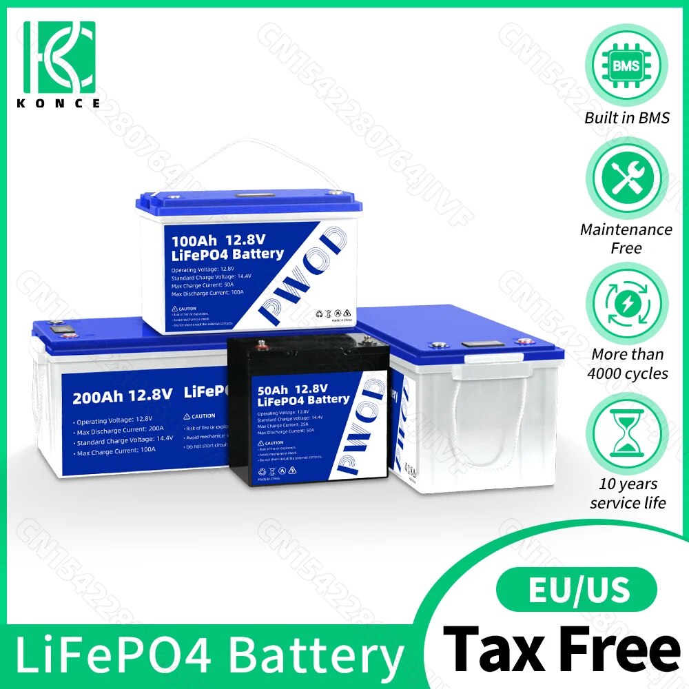 12V 24V 48V  Battery 100Ah 200Ah 50Ah Lithium Iron Phosphate Built-in BMS For EV, Golf Cart