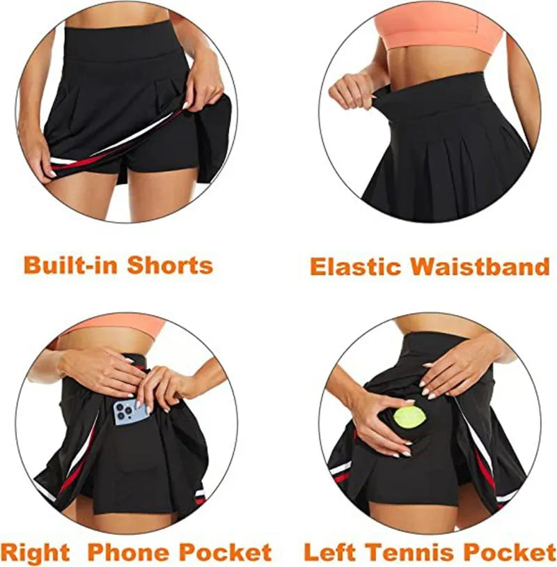 Pleated Stripes Women Sports Skort High Waist Breathable Golf Tennis Exercise Skirt Quick Dry