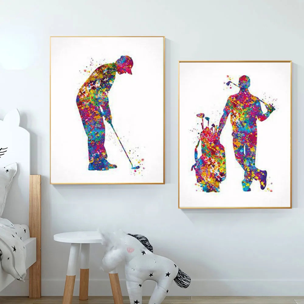 Watercolor Golf Player Posters Wall Art Decor Canvas Painting.