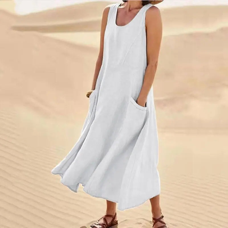 Cotton Linen Long Dresses for Women Summer Solid Color Sleeveless Boho Maxi Dress Pocket Loose Tank Dress Plus Size 5XL