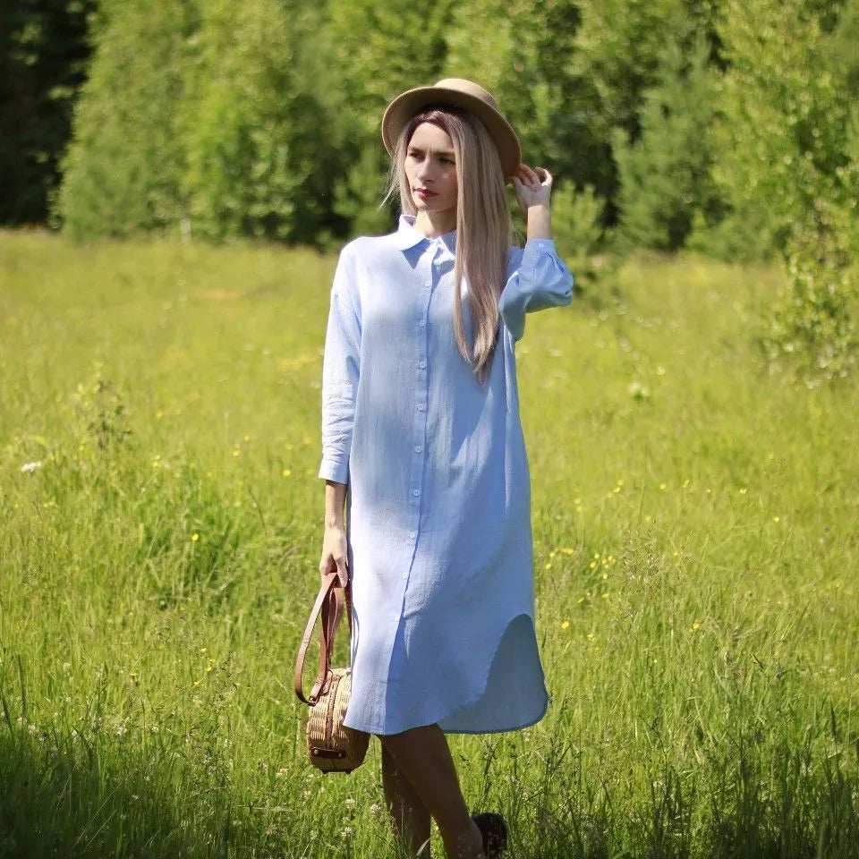 Casual Women's Blouse Dress Vintage Linen/Cotton Mid-Length Shirt Dress