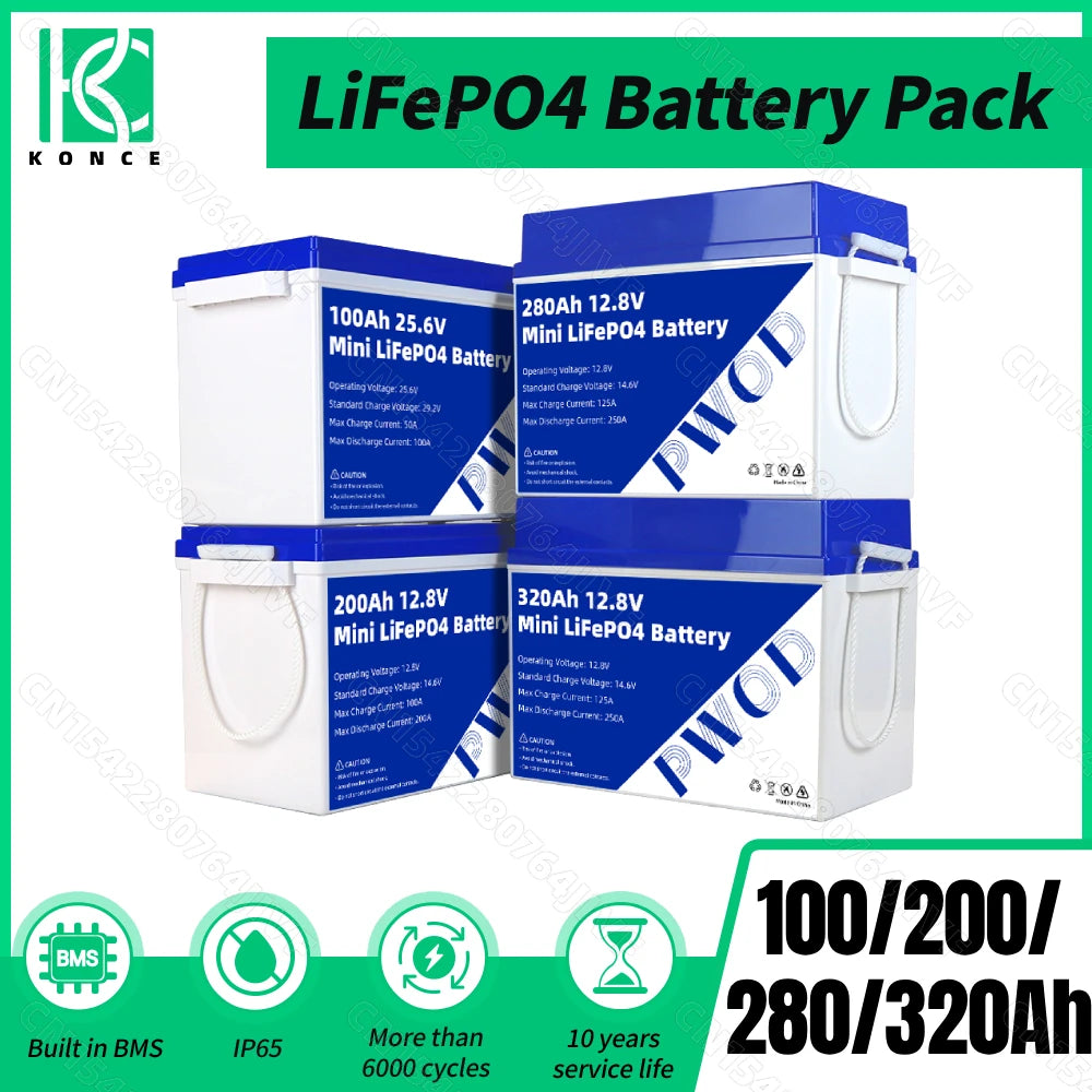 12V 24V LiFePO4 Battery 100Ah 200Ah 280Ah 320Ah Lithium Iron Phosphate Built-in BMS For RV EV Deep Cycle Golf Cart Home Boat Van