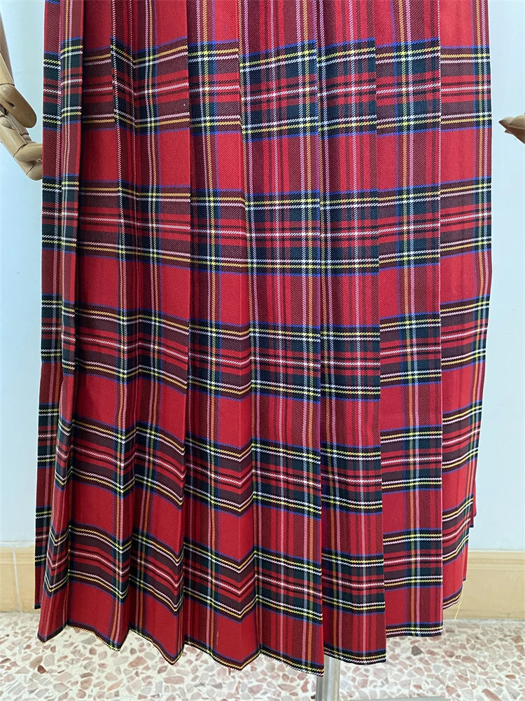 Women's Red Plaid Pleated Mid Length Skirt A-line Elastic Waist Long Skirt