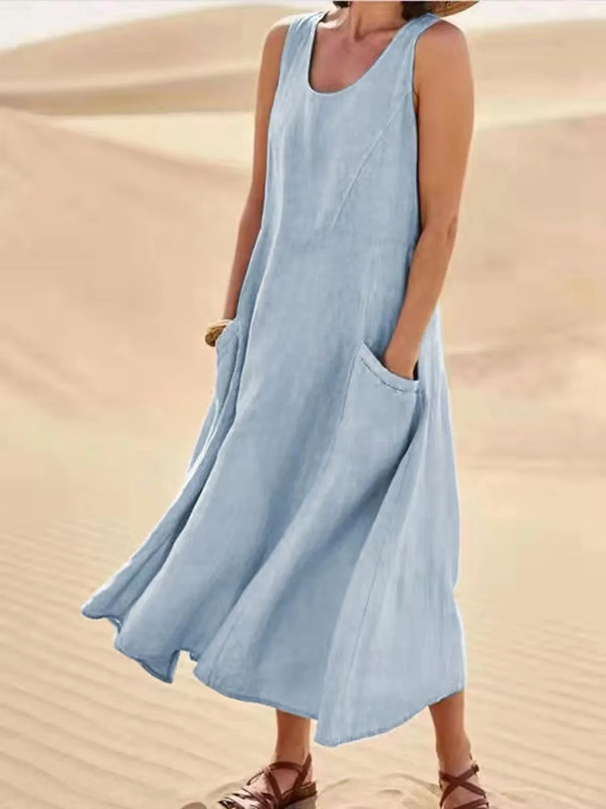 Cotton Linen Long Dresses for Women Summer Solid Color Sleeveless Boho Maxi Dress Pocket Loose Tank Dress Plus Size 5XL
