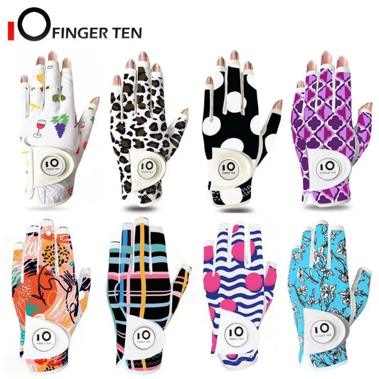 All Weather Golf Gloves Women Left Hand Leather with Ball Marker Half Finger