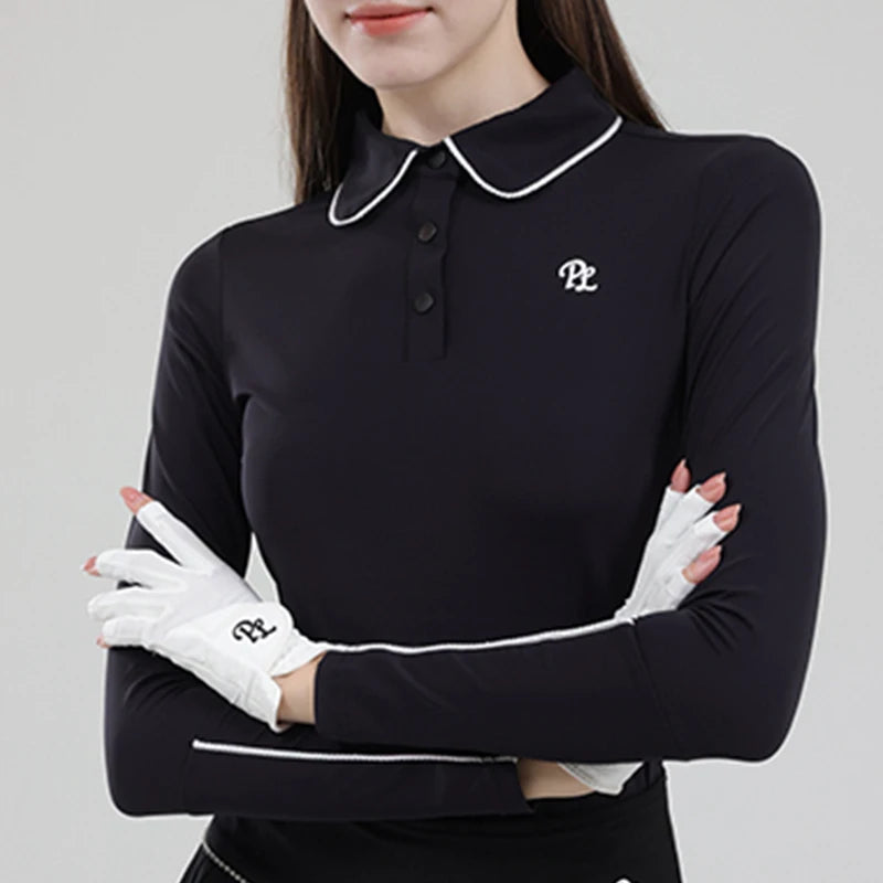 Golf Clothing Long Sleeved Golf T-shirt Women Polo Collar Golf Tops High-Waisted Pleated Skirt / Skorts with Inner Short