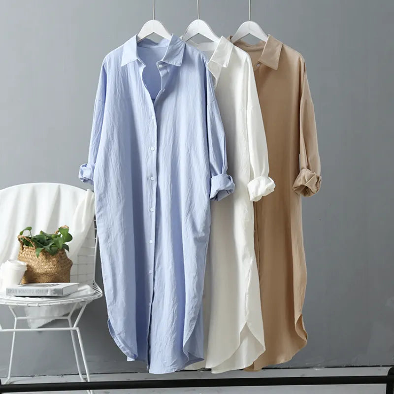 Casual Women's Blouse Dress Vintage Linen/Cotton Mid-Length Shirt Dress