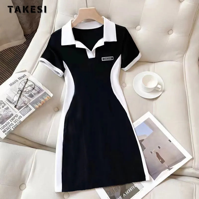 Short-Sleeve, Turn-Down Collar, Patchwork Golf Dress, Women's Causal High Waist Dress