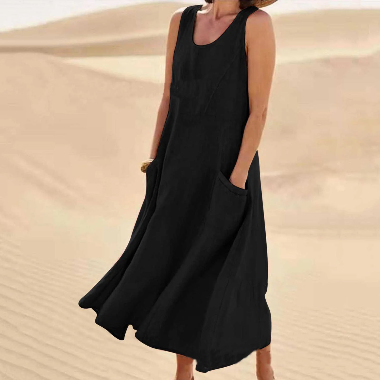 Cotton Linen Long Dresses for Women Summer Solid Color Sleeveless Boho Maxi Dress Pocket Loose Tank Dress Plus Size 5XL