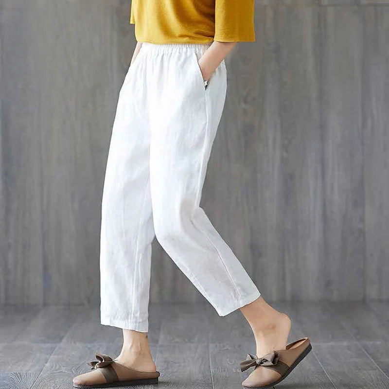 Women's Harem Pants Summer Cotton Linen Capri Pants Breathable Ankle-length Trousers Pant Solid