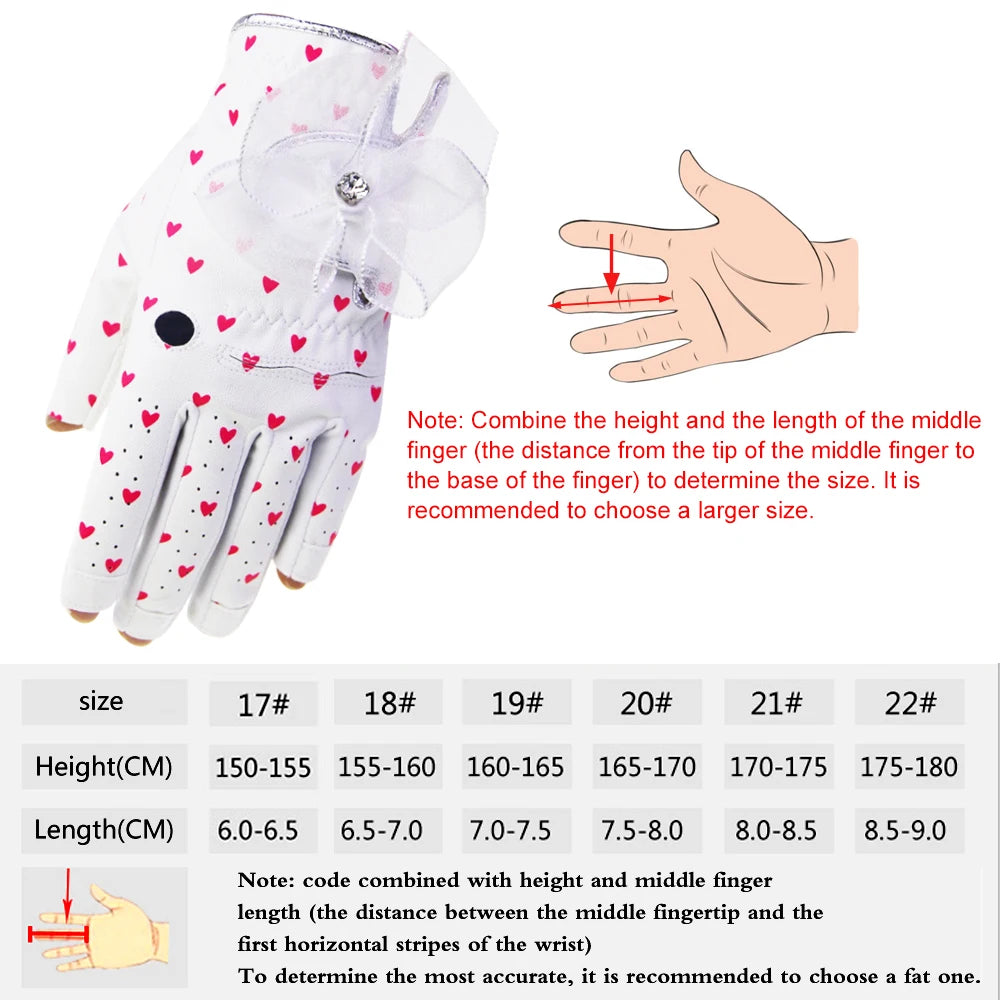 1 Pair Womens Golf Gloves Ladies Soft Sport Gloves Bow-knot Heart Shape Pattern Breathable Non-slip