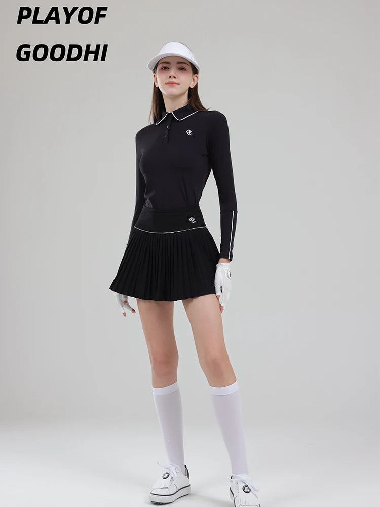 Golf Clothing Long Sleeved Golf T-shirt Women Polo Collar Golf Tops High-Waisted Pleated Skirt / Skorts with Inner Short