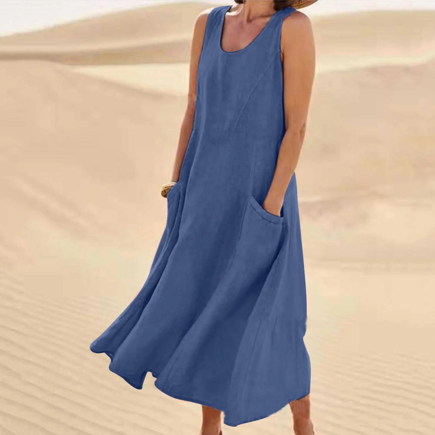 Cotton Linen Long Dresses for Women Summer Solid Color Sleeveless Boho Maxi Dress Pocket Loose Tank Dress Plus Size 5XL