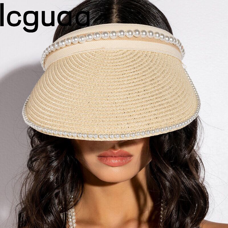 Woman Straw Pearl Decor Sun Visor Golf Visor.