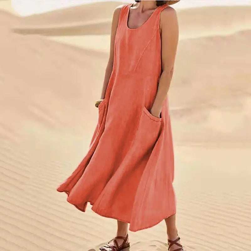 Cotton Linen Long Dresses for Women Summer Solid Color Sleeveless Boho Maxi Dress Pocket Loose Tank Dress Plus Size 5XL