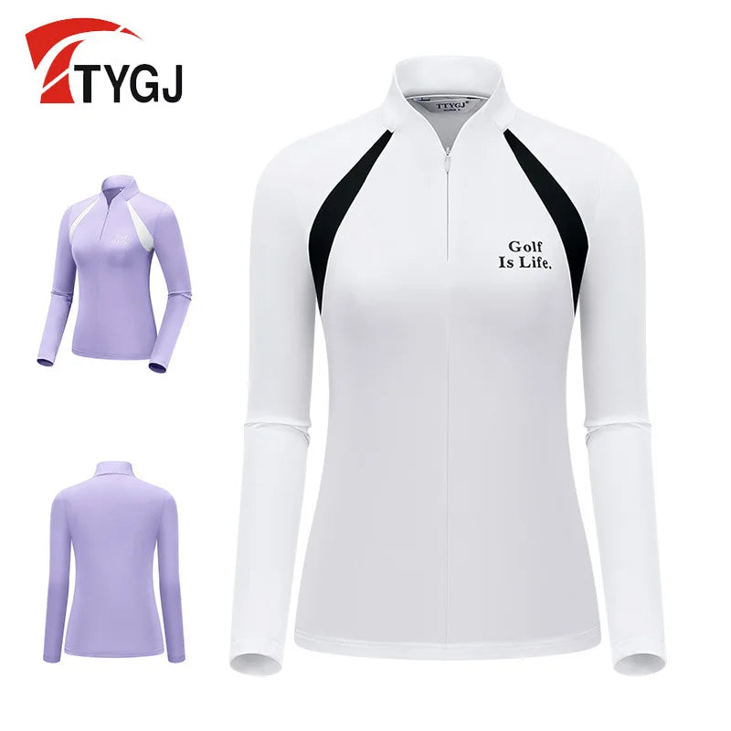 TTYGJ Women Elastic Quick Dry Golf Shirt Ladies Patchwork Long Sleeve Tops Women Slim Zipper Collar T-shirt Sport Golf Clothing