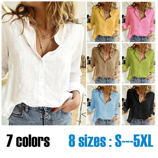 Leisure Shirts Button Lapel Cotton /Linen Top Lady Loose Long Sleeve Oversize Shirt Womens Blouses