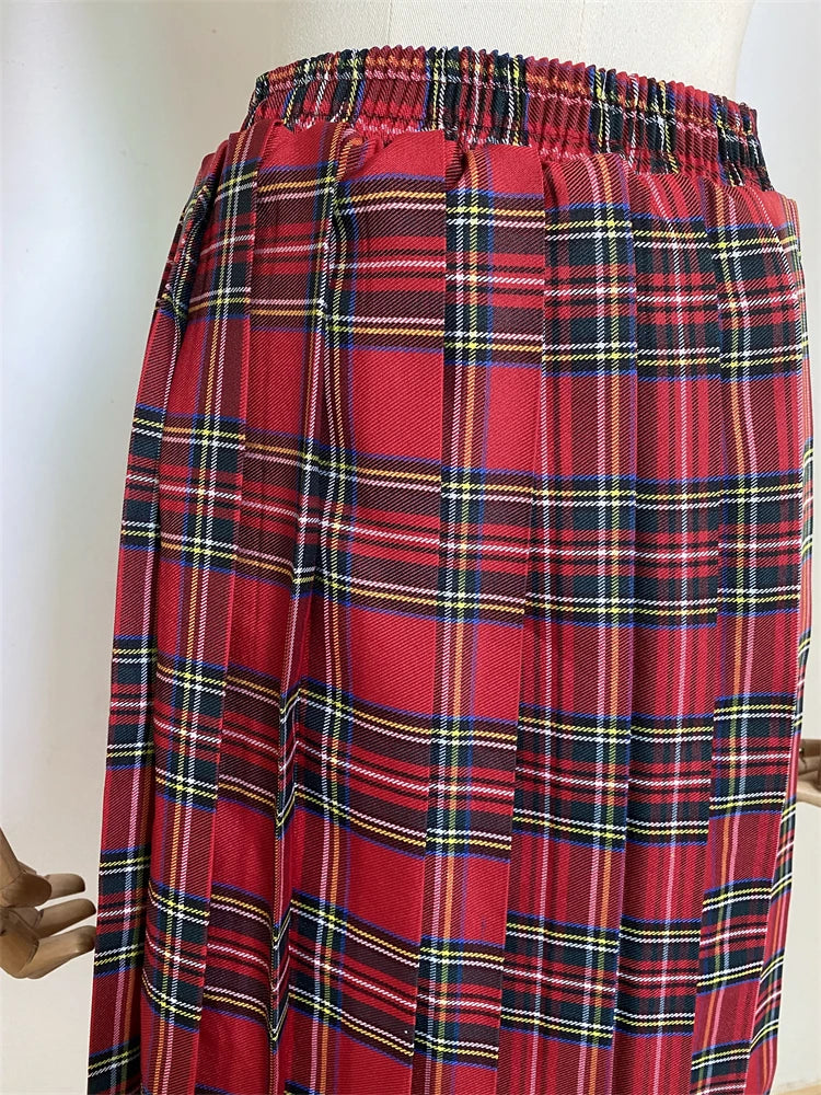 Women's Red Plaid Pleated Mid Length Skirt A-line Elastic Waist Long Skirt